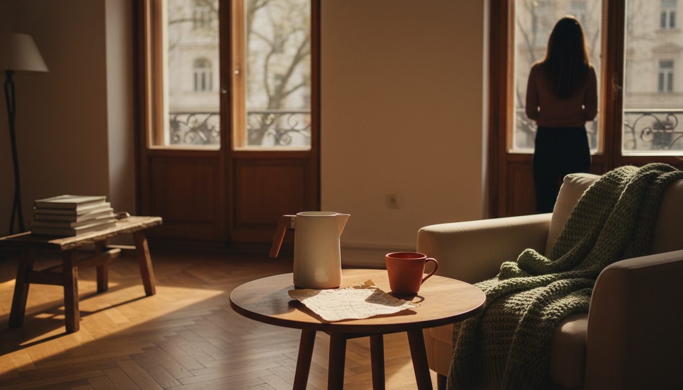 Morning light streaming through tall windows in a classic Viennese Altbau apartment in Neubau, with