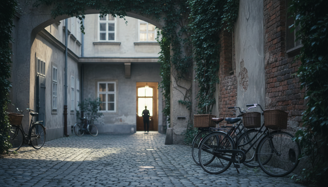 A classic Viennese inner courtyard Innenhof with climbing ivy, bicycles parked against old walls, an