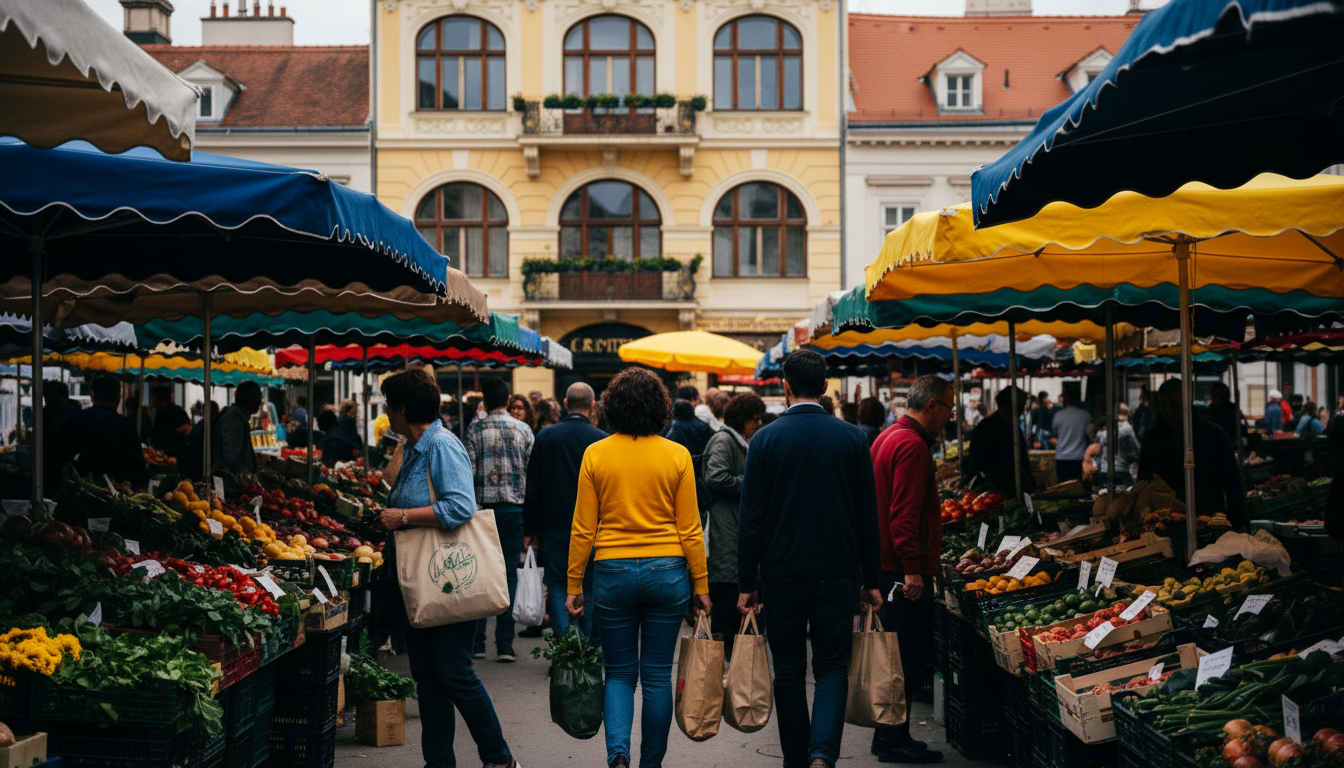 The Karmelitermarkt in Viennas 2nd district on a Saturday morning, with market stalls, locals carryi
