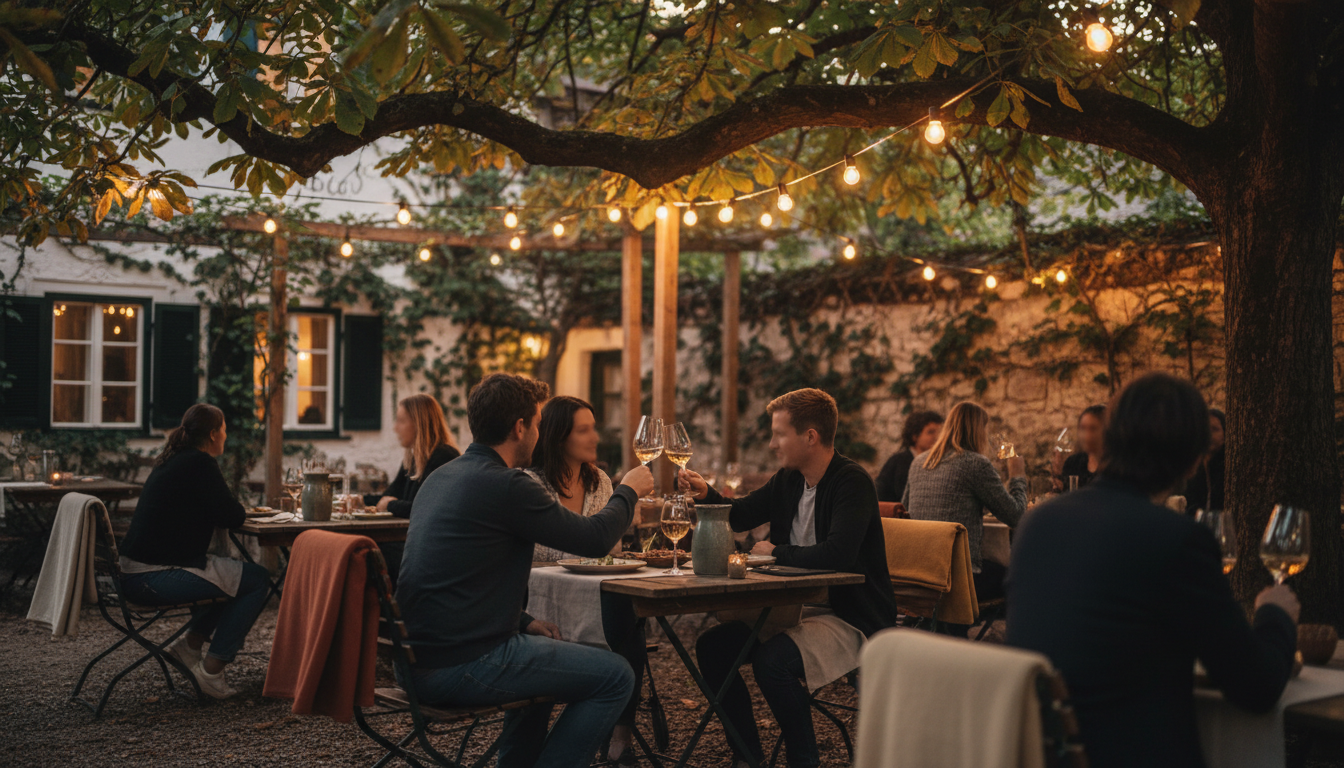 A traditional Heuriger wine tavern in Viennas outskirts at dusk, with outdoor seating under chestnut