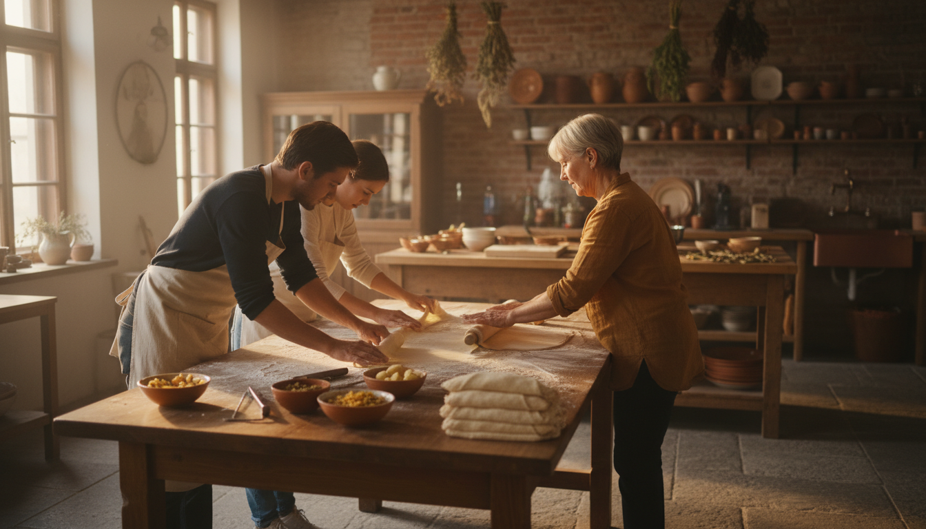 A small group cooking class in a Vienna kitchen, with participants rolling strudel dough on a floure