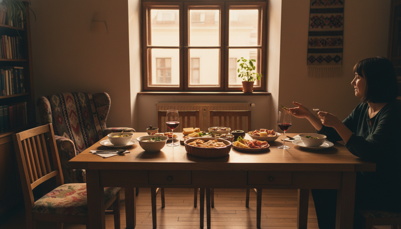 warm evening light streaming through a traditional Zagreb apartment window, a wooden table set with