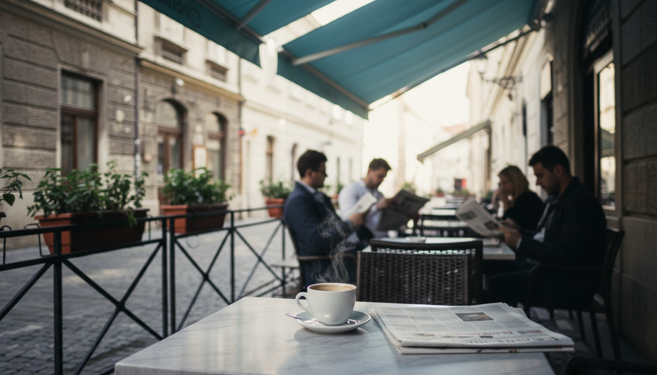 morning scene at a Zagreb caf terrace on Tkalieva Street, single coffee cup on a marble table, local