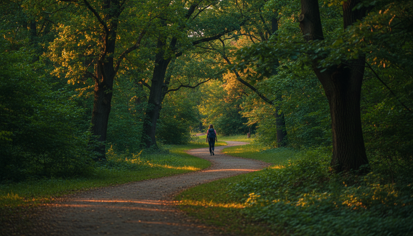 lush green pathways through Maksimir Park in Zagreb, dappled sunlight, a solo figure walking in the