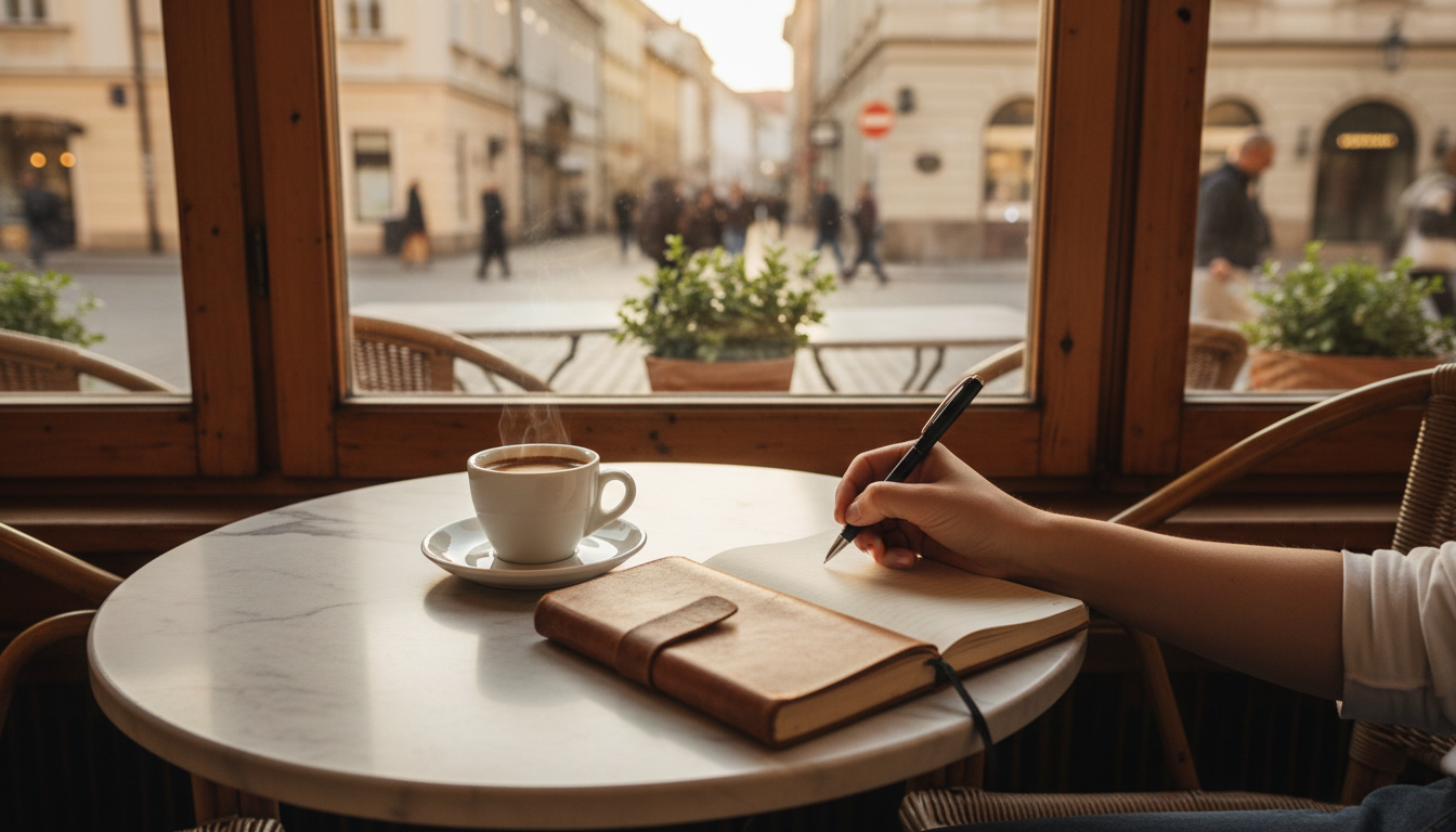 overhead view of a small marble caf table with a single espresso, a worn notebook, and a hand holdin