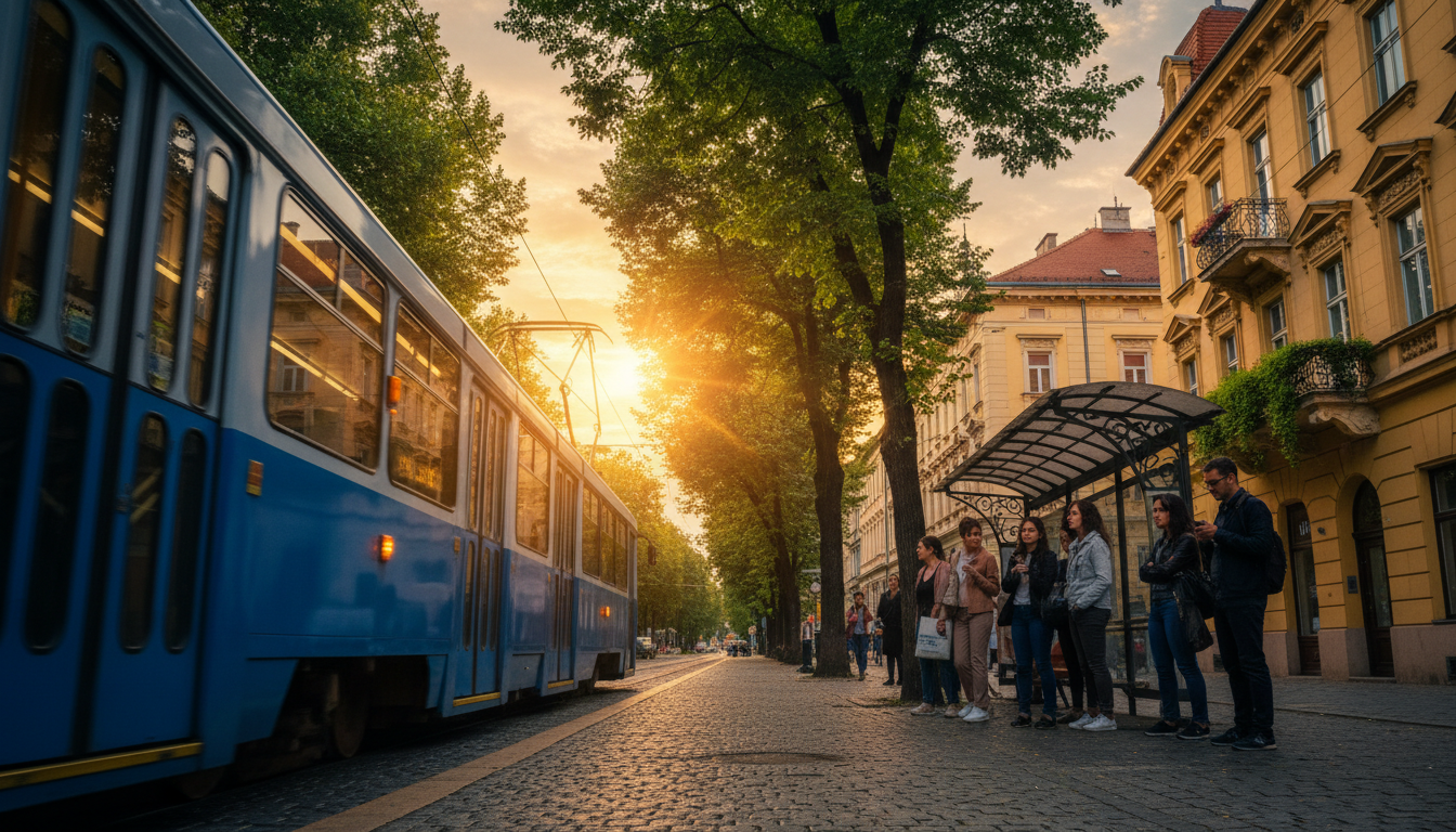 Zagreb tram in motion on a tree-lined street, evening golden hour light, locals waiting at a stop, h