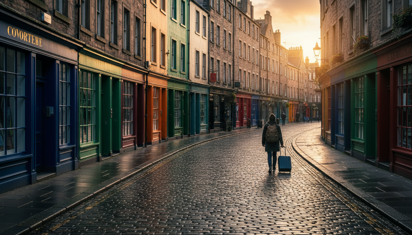 Victoria Streets colorful curved shopfronts in Edinburghs Old Town at golden hour, cobblestones glis