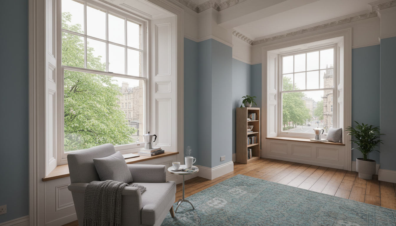 Interior of a cozy Edinburgh tenement flat with high ceilings, original cornicing, a reading nook by