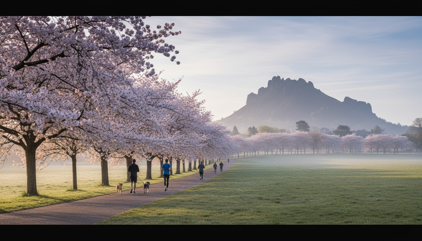 Morning light on the Meadows park in Edinburgh, with Arthurs Seat visible in the background, dog wal
