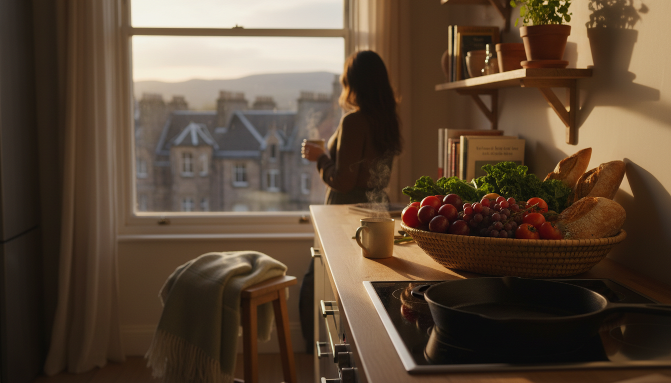 A well-equipped kitchen in an Edinburgh flat with a window overlooking rooftops, fresh produce from