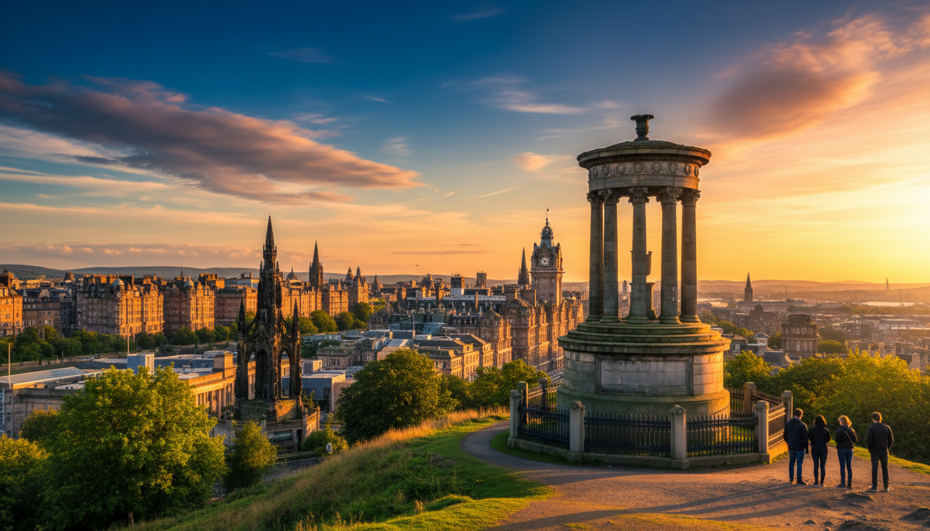Calton Hill at sunset in early autumn, Edinburghs skyline visible with the Scott Monument and Balmor