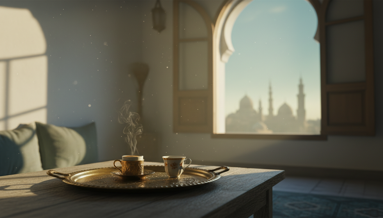 Golden morning light streaming through wooden mashrabiya screens into a traditional Cairo apartment,