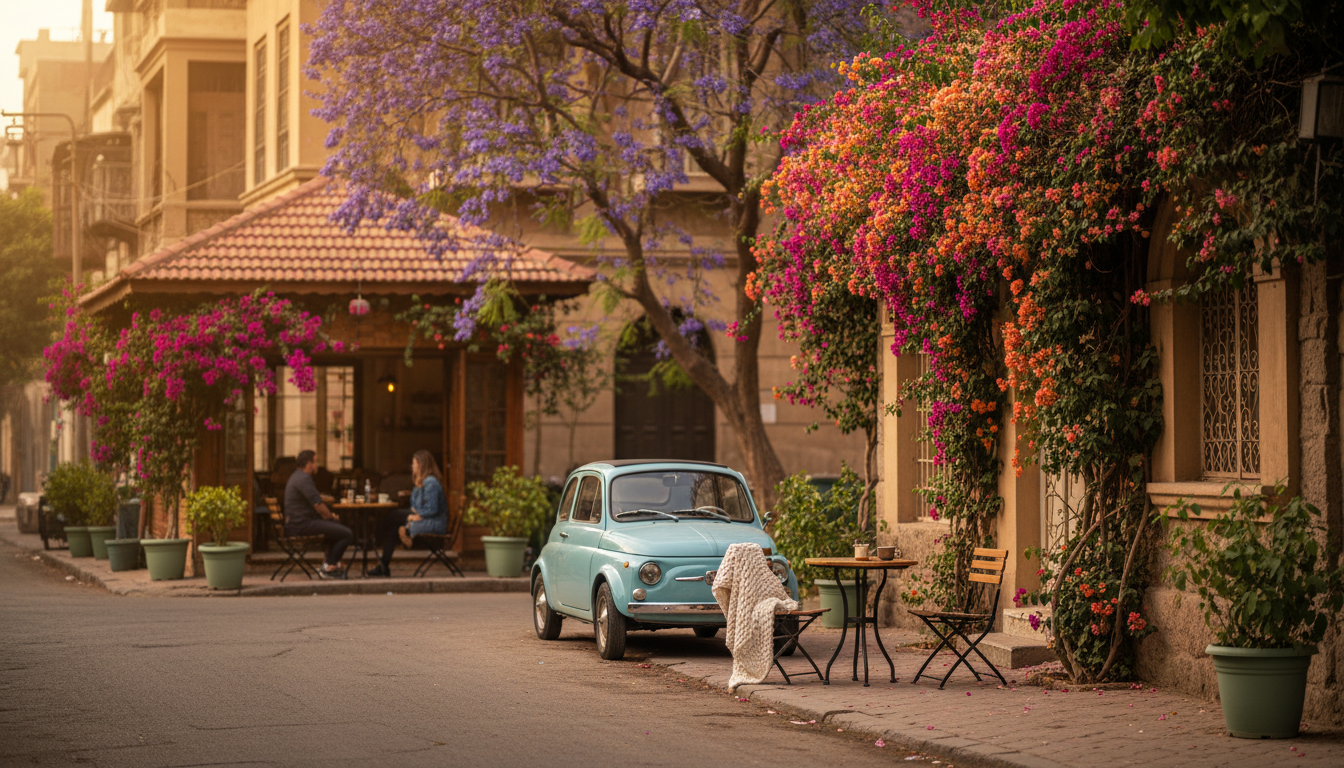 A quiet tree-lined street in Maadi at golden hour, with bougainvillea spilling over garden walls, a