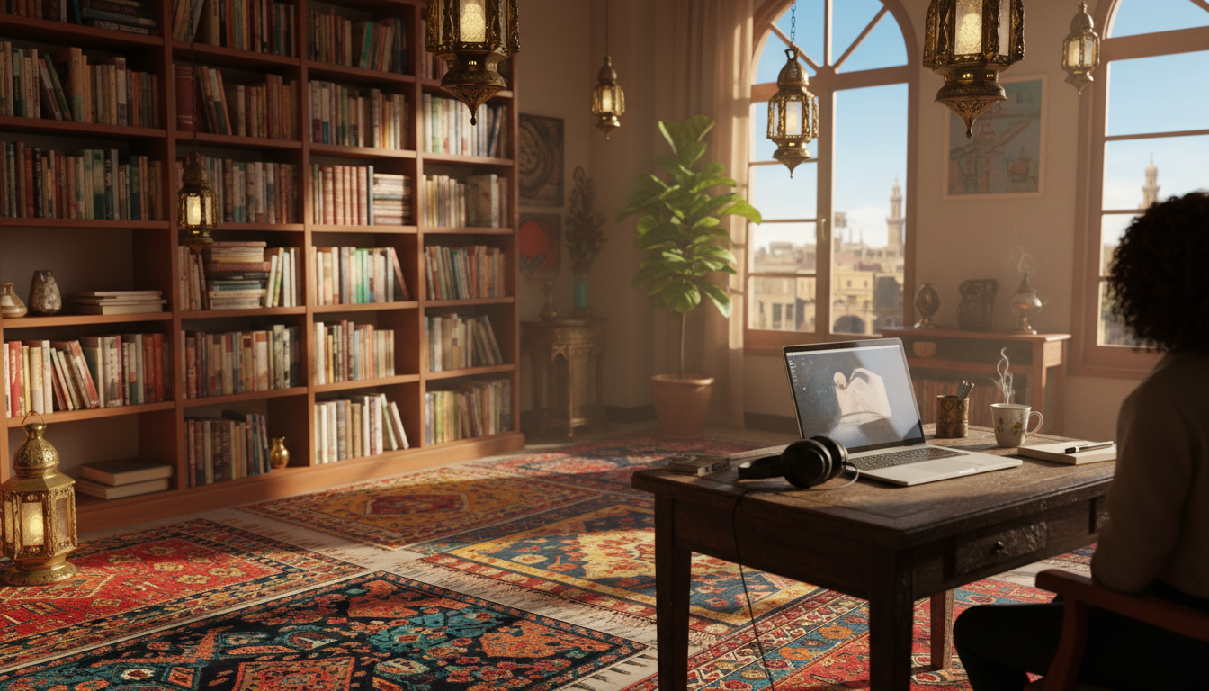A cozy living room in a Cairo apartment with colorful kilim rugs, a wall of books in Arabic and Engl