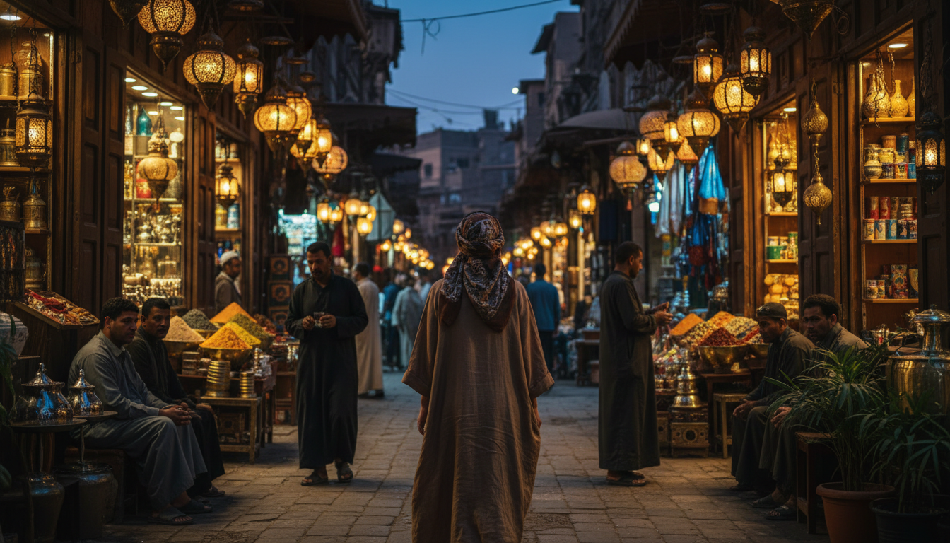 A solo female traveler in modest, stylish clothing walking through Khan el-Khalili bazaar at dusk, w