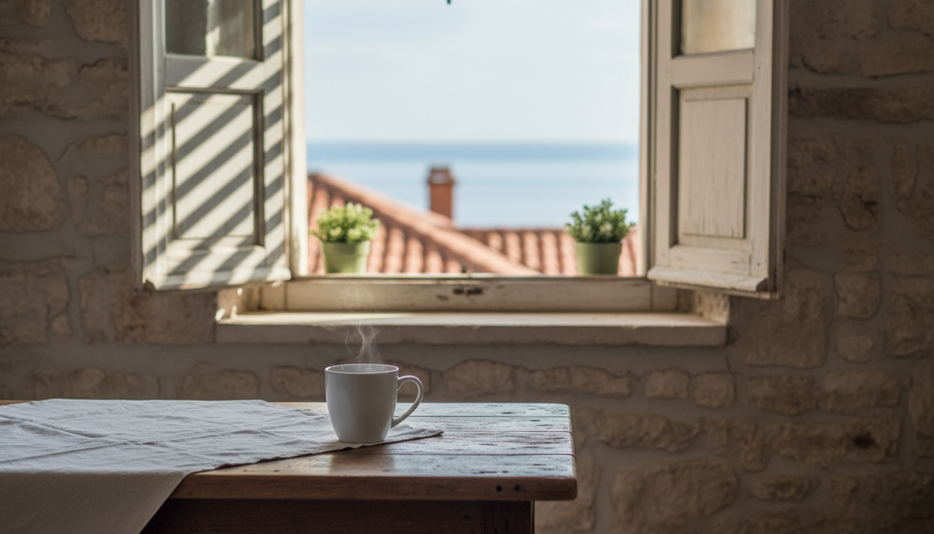 Morning light streaming through wooden shutters in a traditional Croatian stone apartment, coffee cu