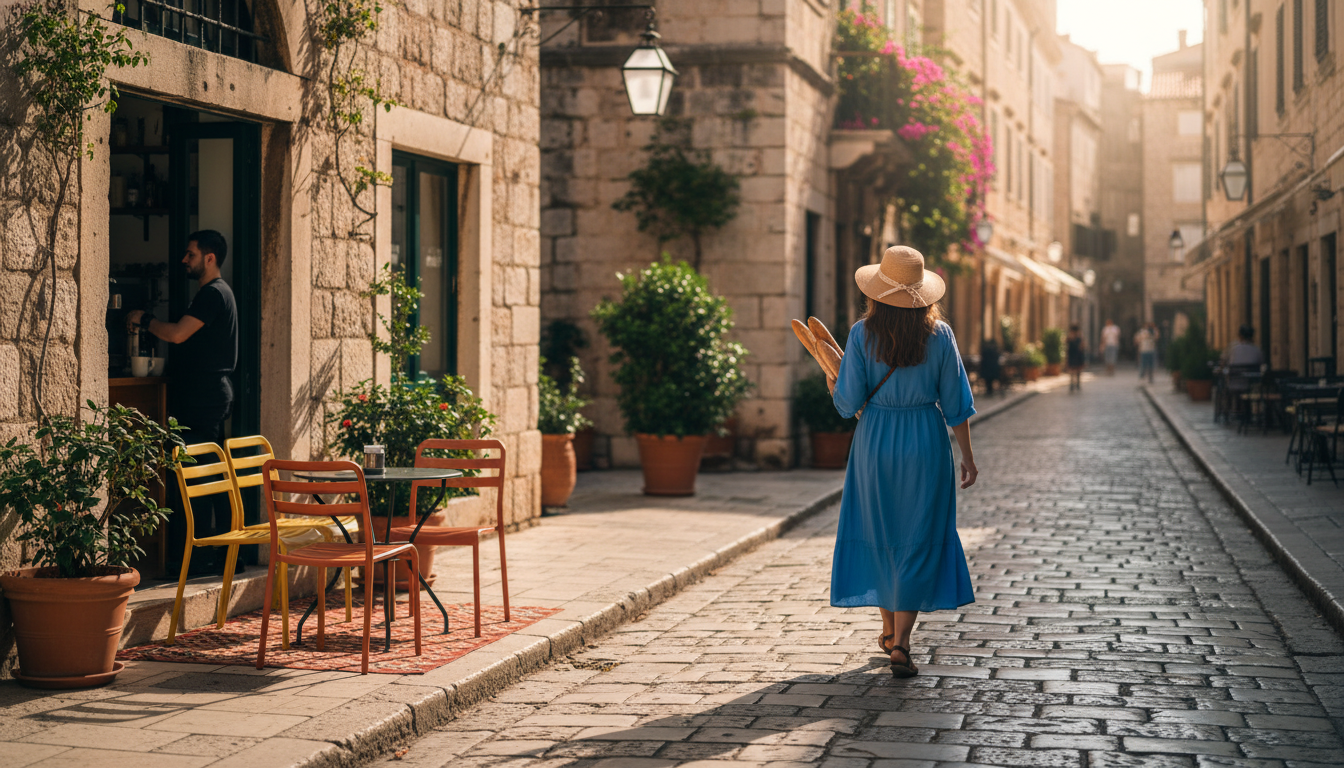 Cobblestone street in Splits Diocletian Palace area, morning light, local woman walking with bread,