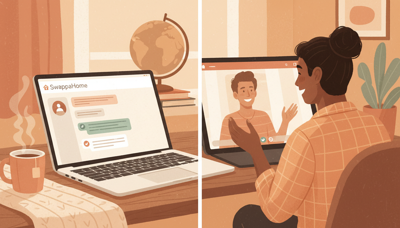 Split-screen style laptop showing SwappaHome messaging interface on one side, video chat with friend