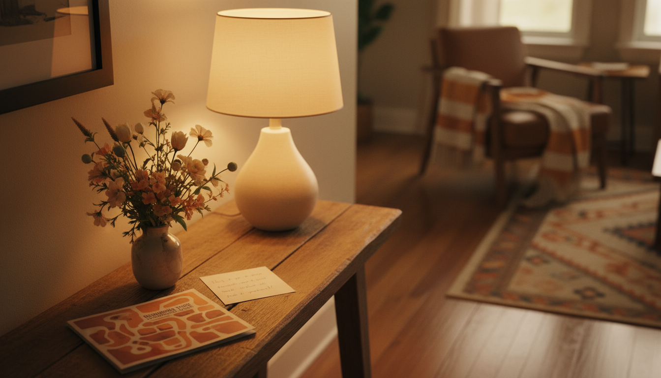 Welcoming apartment entryway with handwritten welcome note, small vase of flowers, printed neighborh