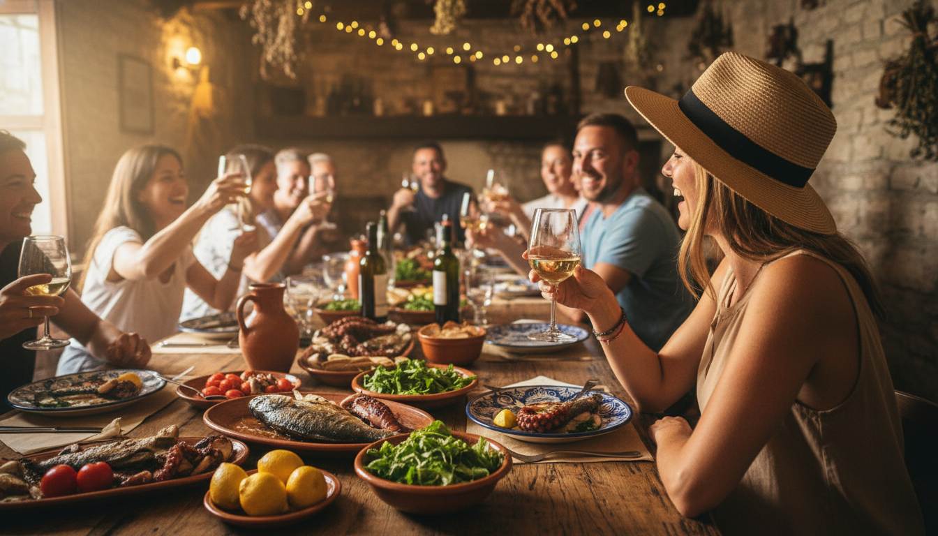 Solo traveler at a communal table in a Split konoba tavern, locals and other travelers chatting, pla