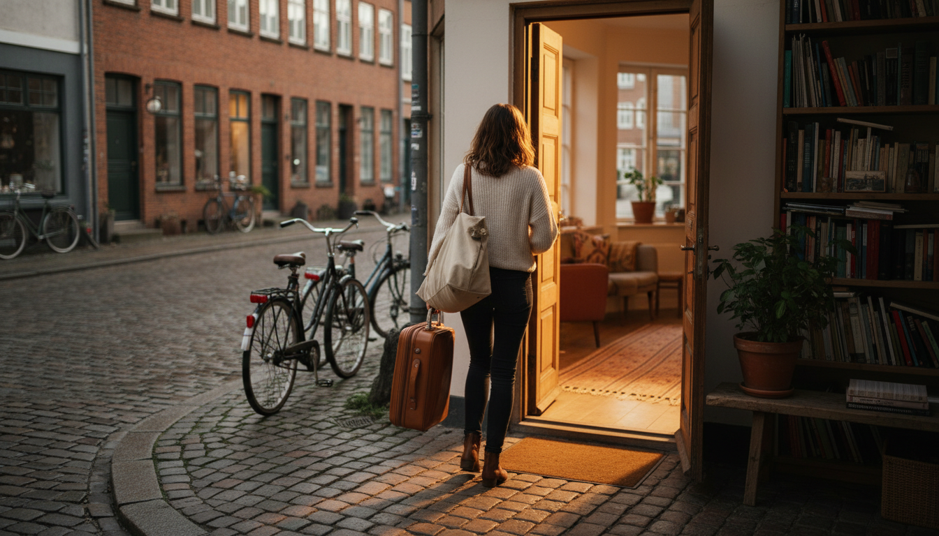 Woman arriving at a charming Copenhagen apartment doorway with luggage, warm interior light spilling