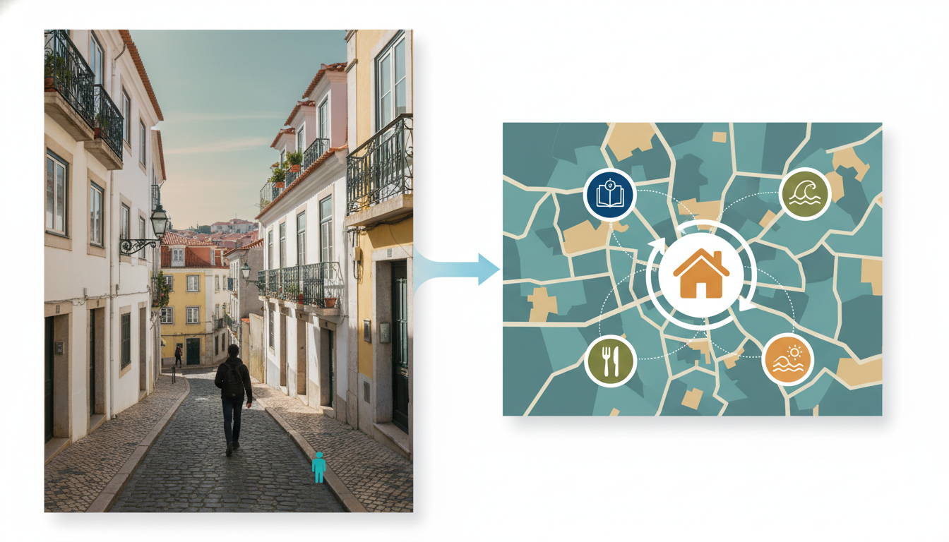 Split-screen showing Google Street View of a charming residential street in Lisbons Alfama district