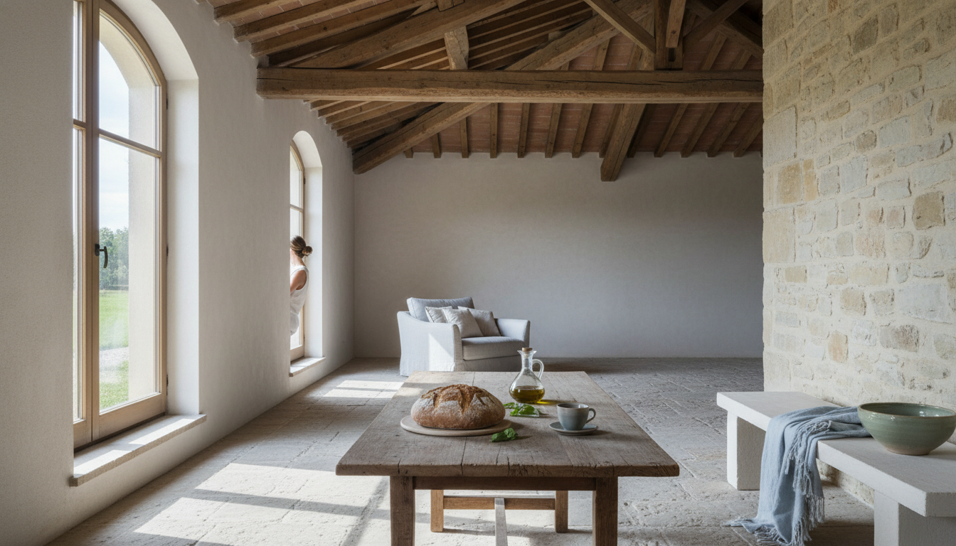 Rustic Tuscan barn interior converted to living space, exposed wooden beams, morning light streaming