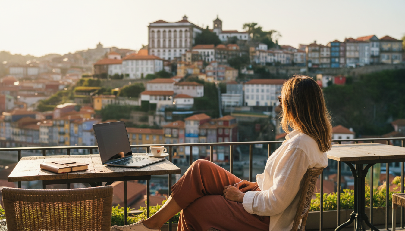 Solo traveler sitting at a sunny caf terrace in Porto, laptop open, looking relaxed and confident, c