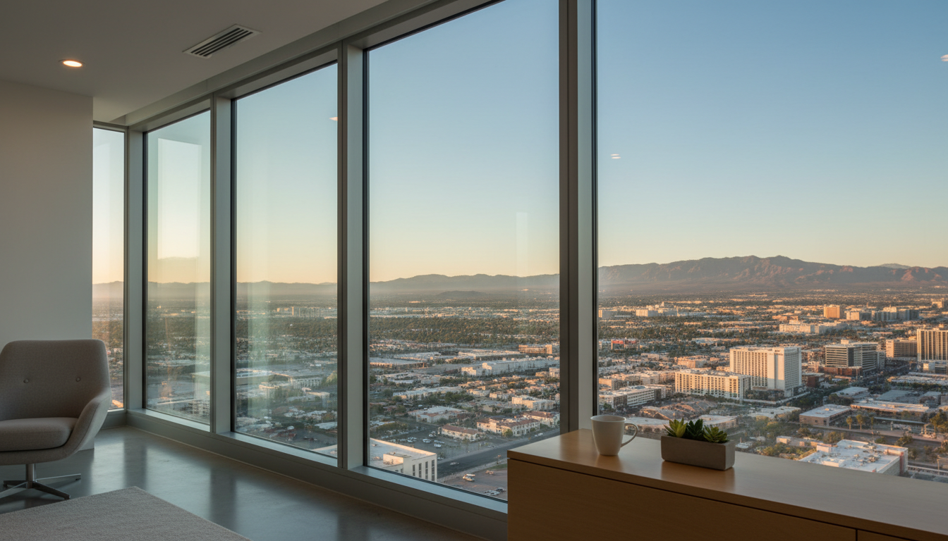 panoramic view from a high-rise condo window in Downtown Las Vegas at golden hour, desert mountains