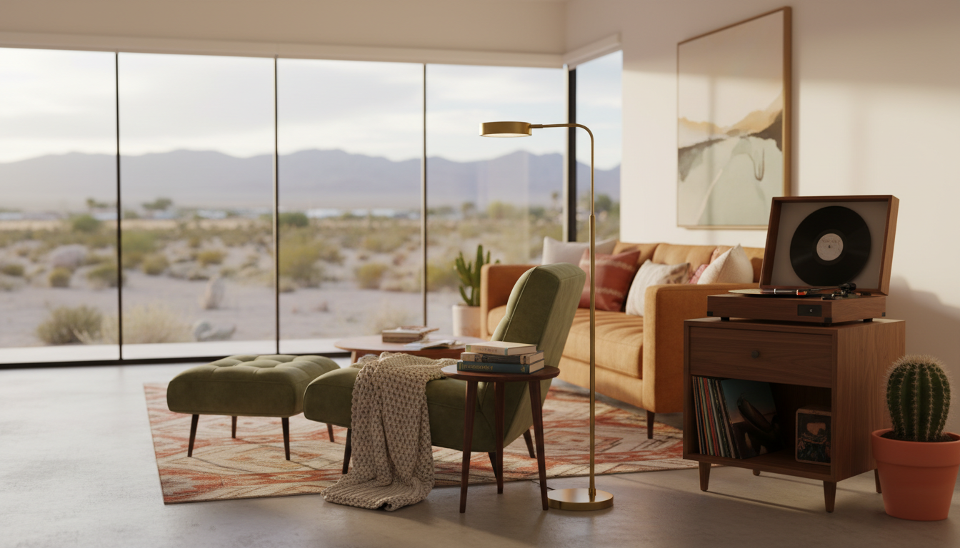 cozy mid-century modern living room in Las Vegas with desert-inspired decor, record player, large wi