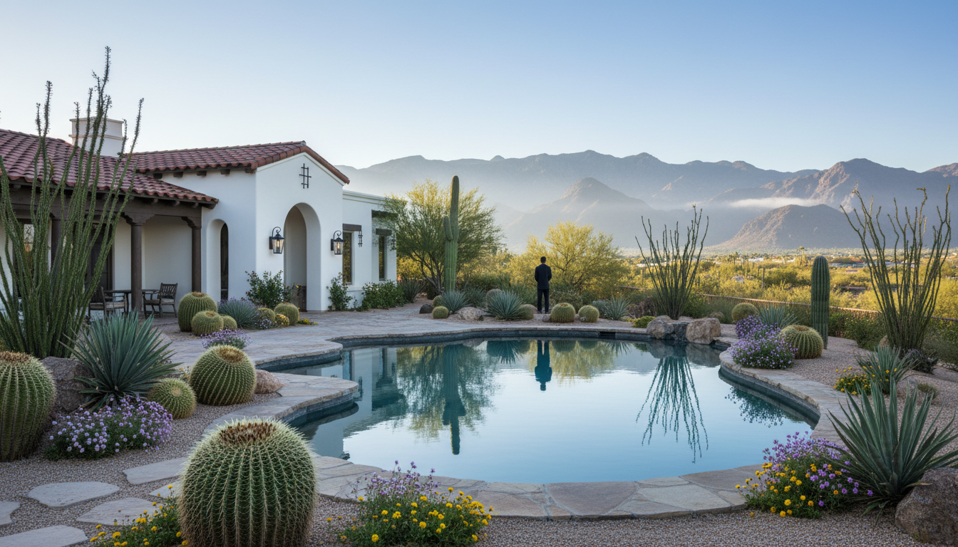 Spanish-style home exterior in Summerlin with desert landscaping, mountain views in the background,
