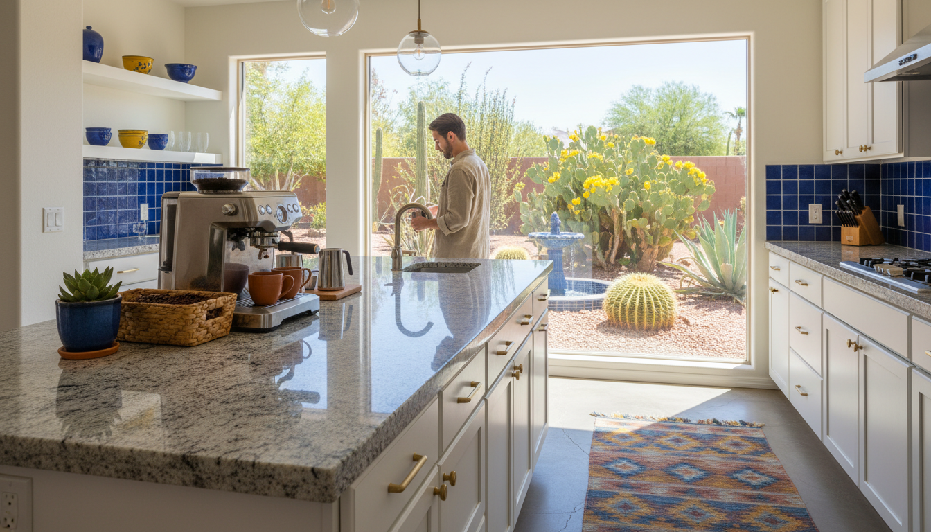 bright, modern kitchen in a Las Vegas home with granite countertops, coffee station, and a window lo