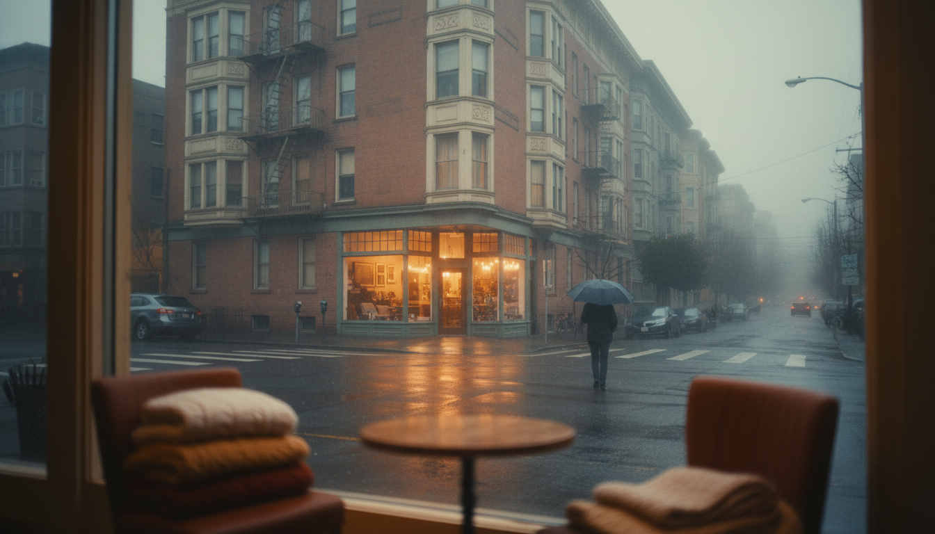 Rainy Seattle street in Capitol Hill with vintage apartment buildings, coffee shop glowing warmly th