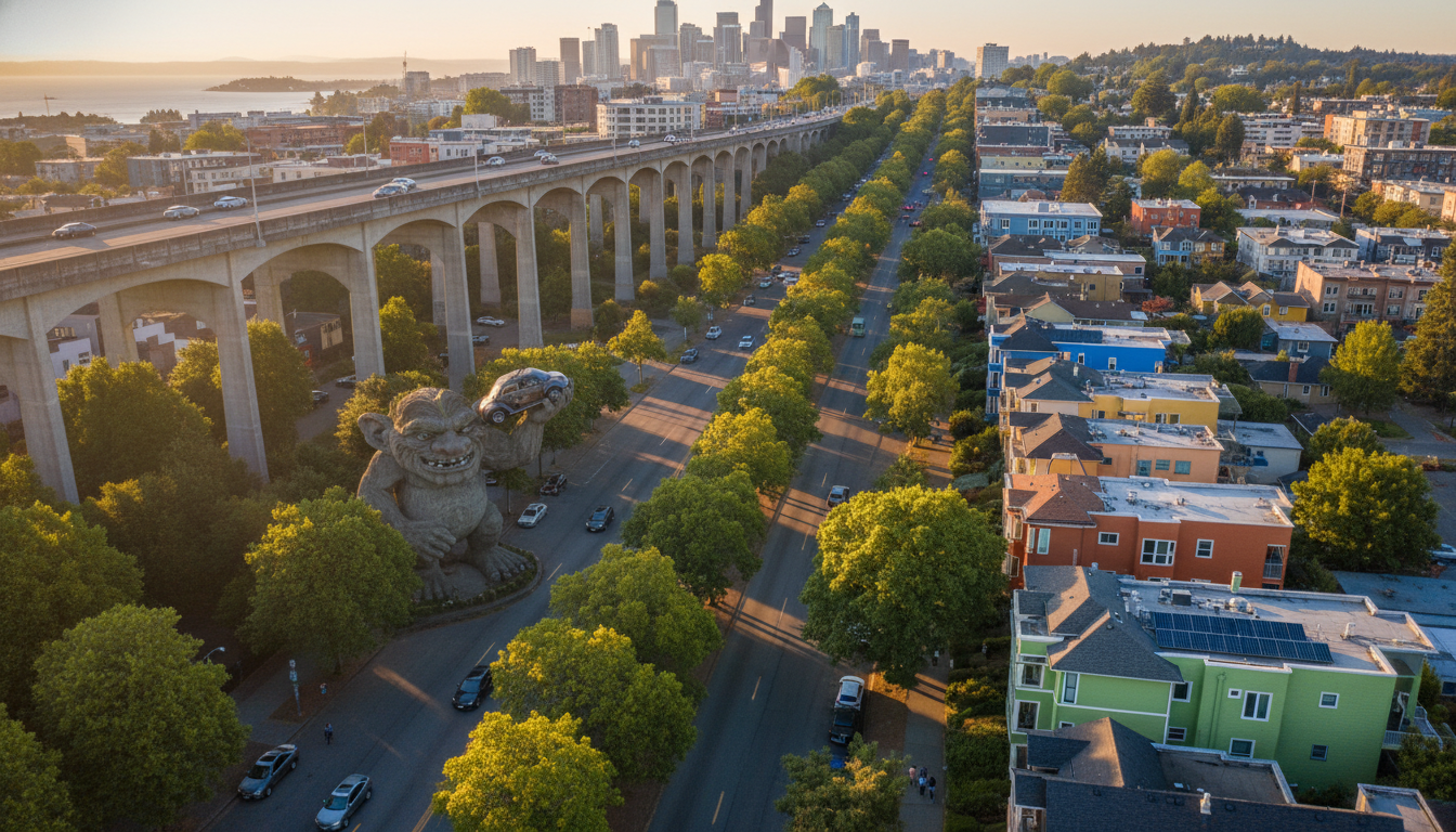 Aerial view of Seattles Fremont neighborhood showing the Troll under the bridge, colorful houses, an