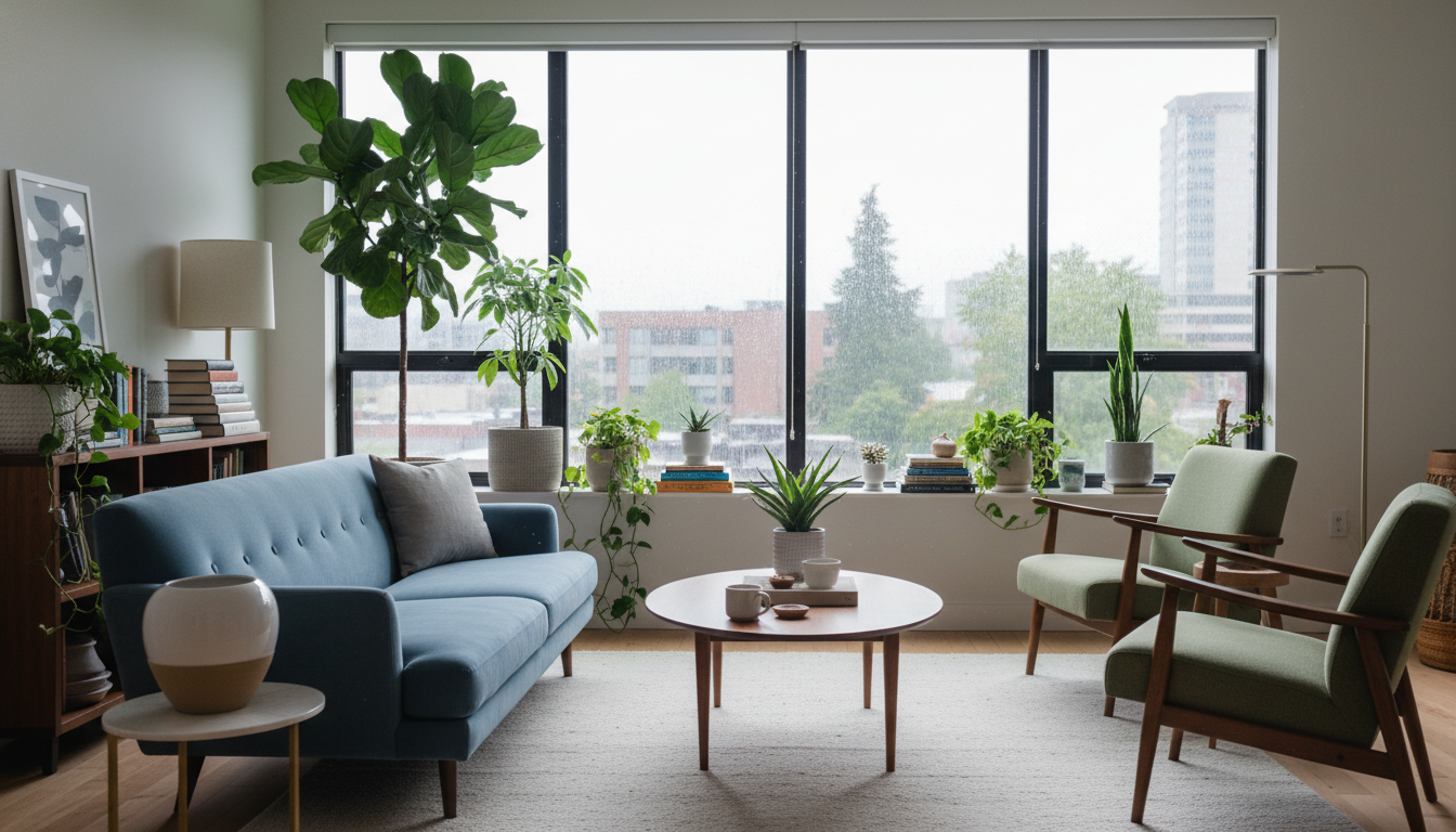 Cozy Seattle living room with mid-century furniture, large windows showing rainy day outside, books
