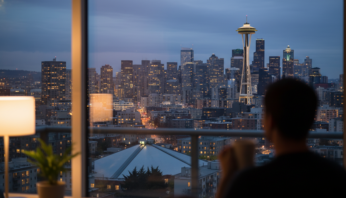 Seattle skyline at dusk viewed from a residential window, Space Needle visible, warm interior lighti