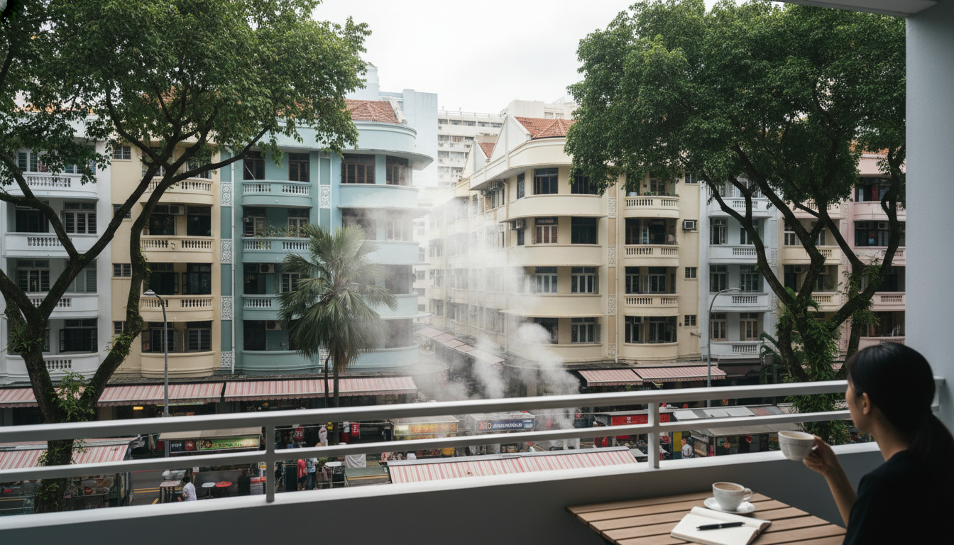 Early morning view from an HDB flat balcony in Tiong Bahru, showing art deco buildings, tropical tre