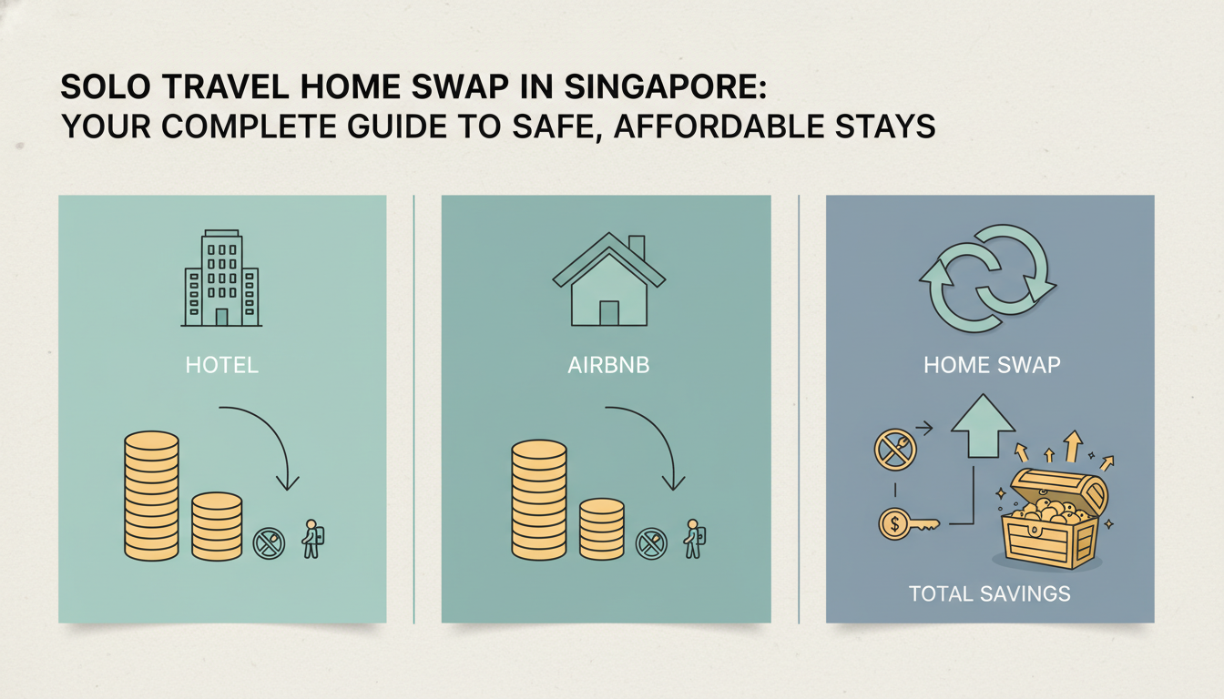 Side-by-side cost comparison infographic showing 2-week Singapore trip costs - hotels 3,500, Airbnb