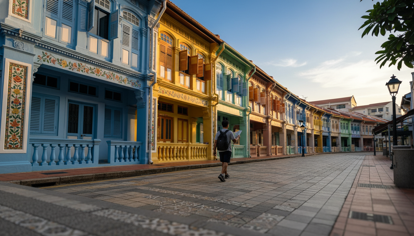 Colorful Peranakan shophouses on Koon Seng Road in Joo Chiat, showing intricate tile work and pastel