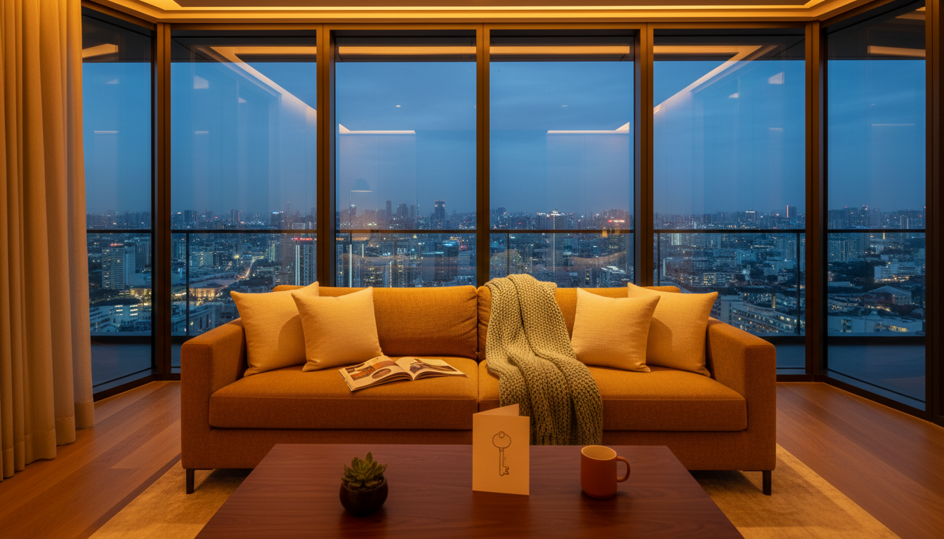 Interior of a modern Singapore condo living room with floor-to-ceiling windows showing city lights a