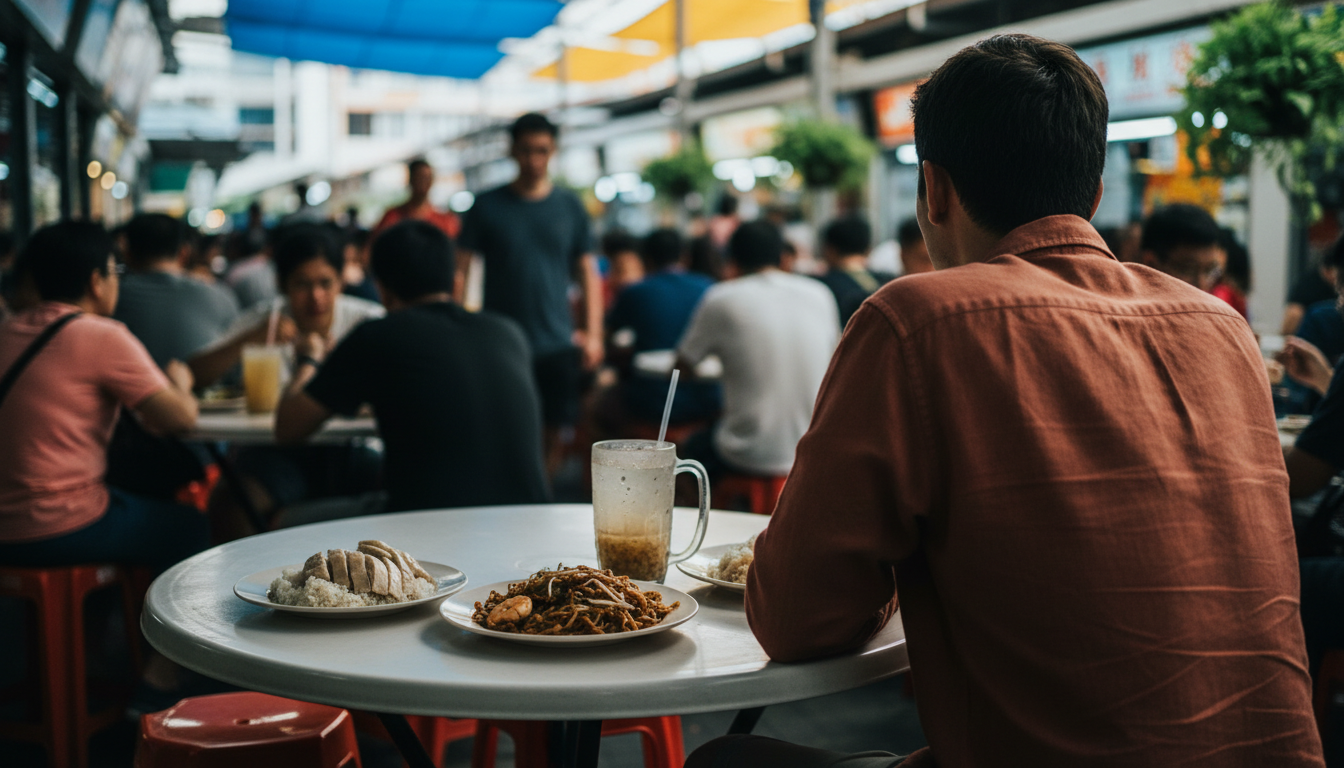 A solo traveler sitting at a plastic table in a bustling hawker center, surrounded by local diners,