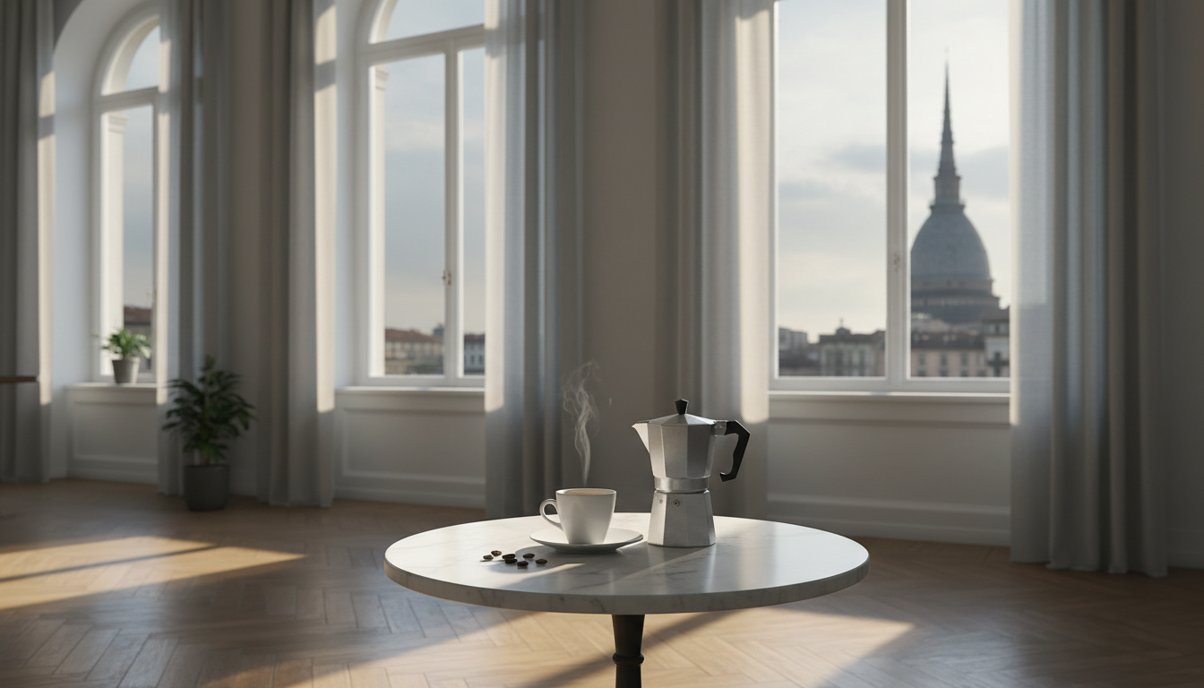 Morning light streaming through tall windows of a classic Torinese apartment with parquet floors, a