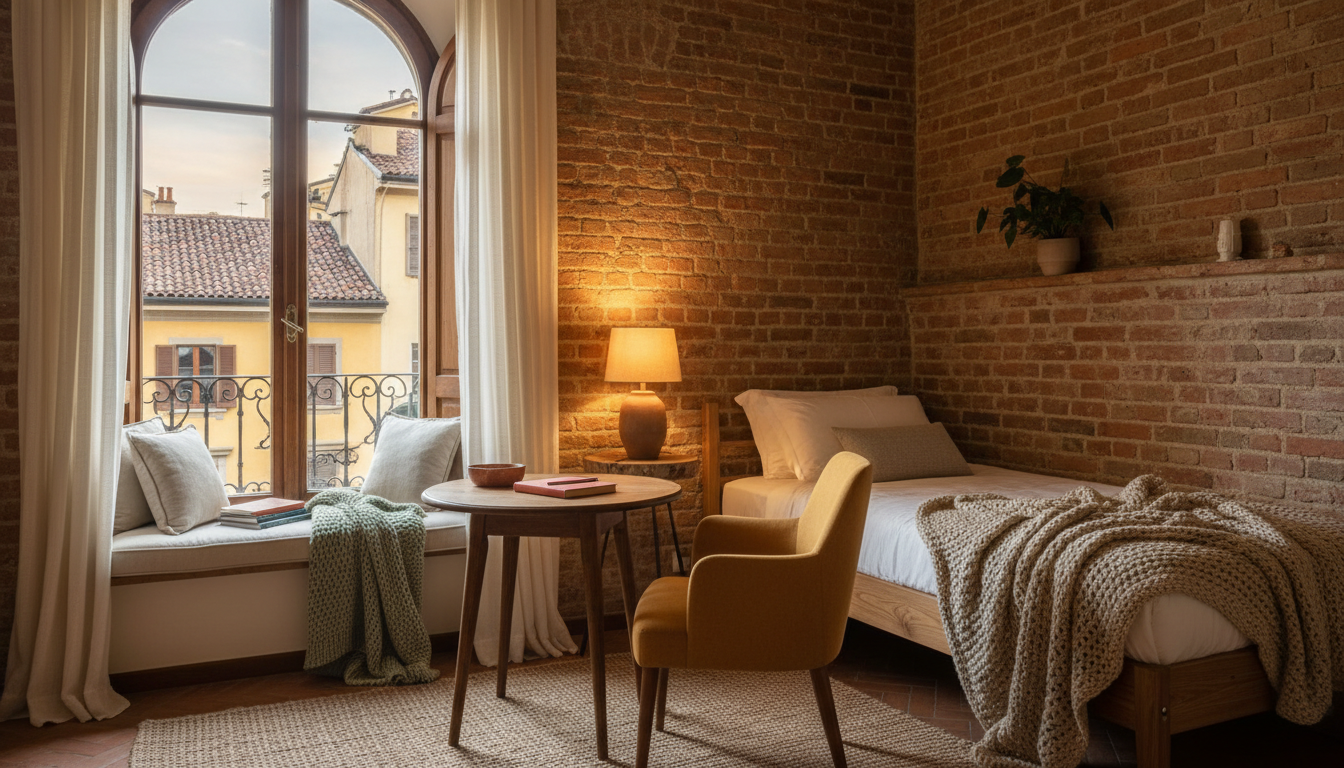 A cozy single bedroom in a Turin apartment with exposed brick, a reading nook by the window, soft li