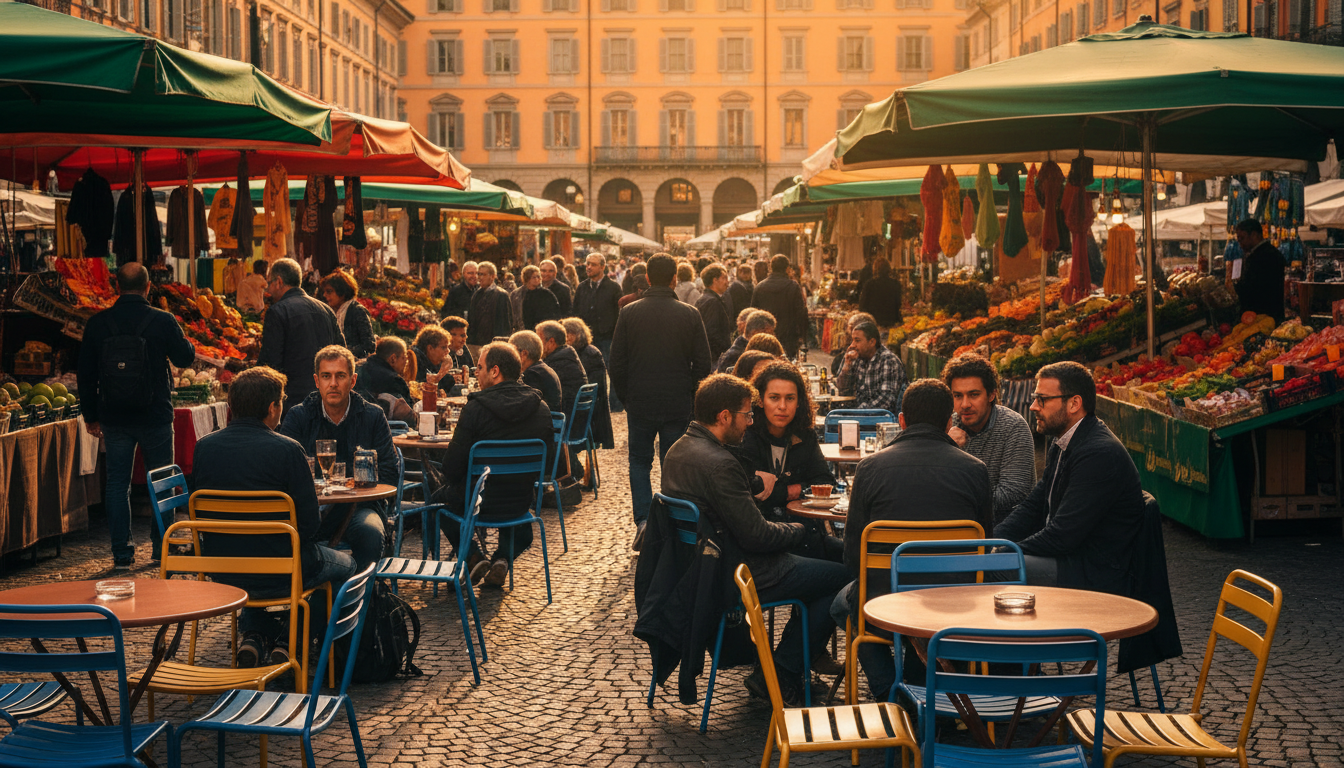 Bustling Piazza Madama Cristina at golden hour, locals gathered at outdoor caf tables, colorful mark