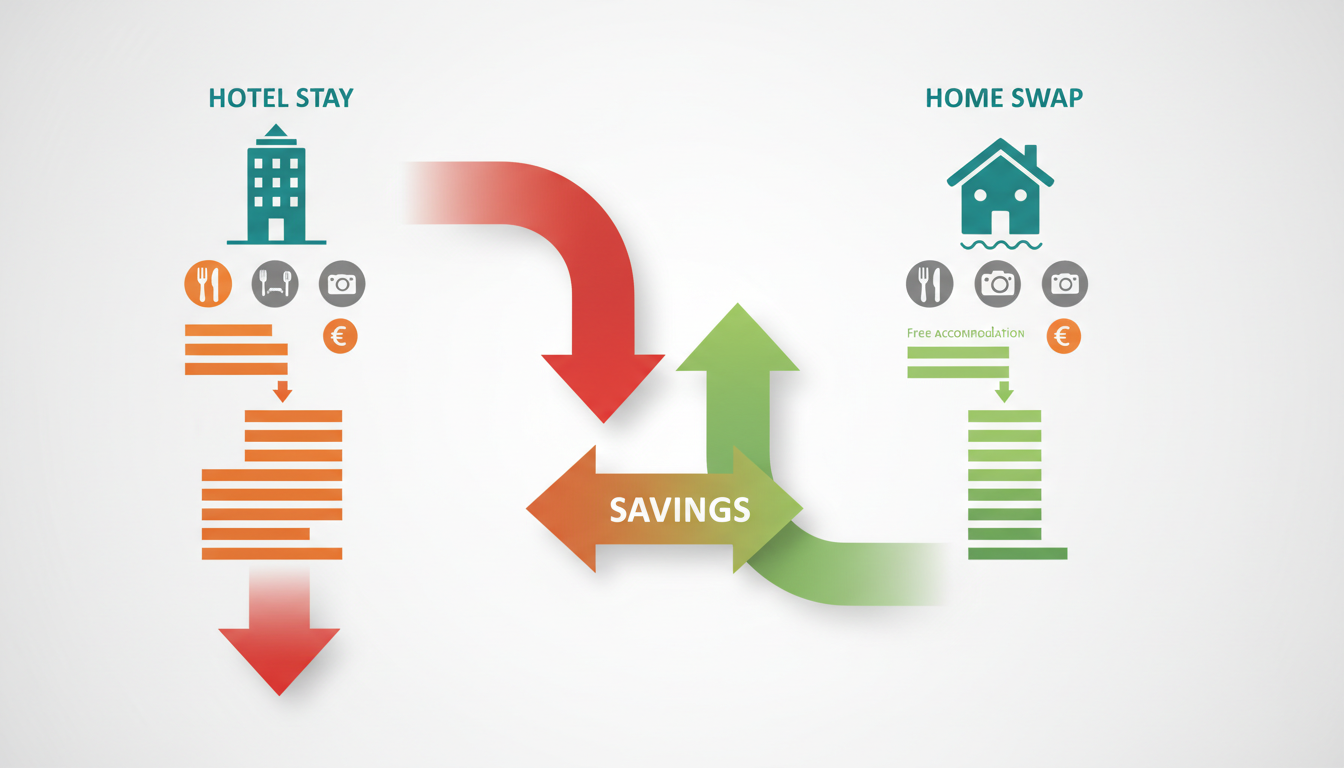 Infographic comparing costs Left side shows hotel stay expenses 120night hotel, 50day food, 30 attra
