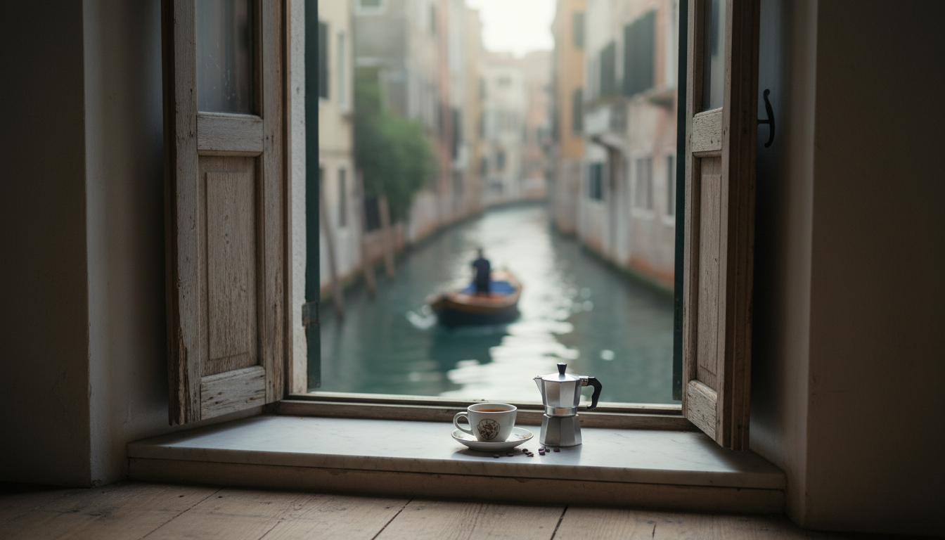 morning light streaming through wooden shutters into a cozy Venetian apartment, espresso cup on a ma