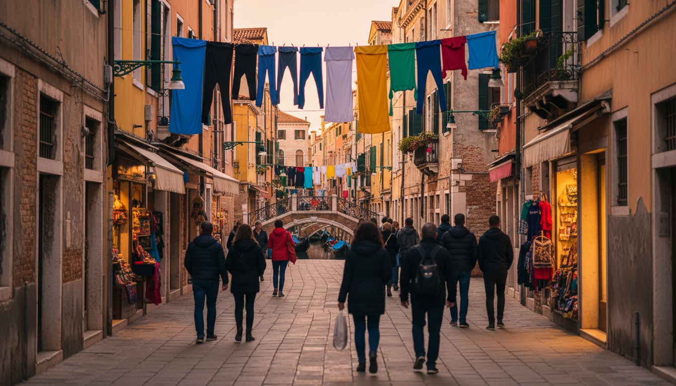 narrow Venetian street in Dorsoduro at golden hour, locals walking past small shops, laundry hanging