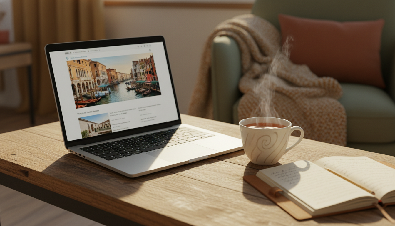 laptop open on a wooden table showing a home listing page, cup of tea beside it, cozy evening lighti