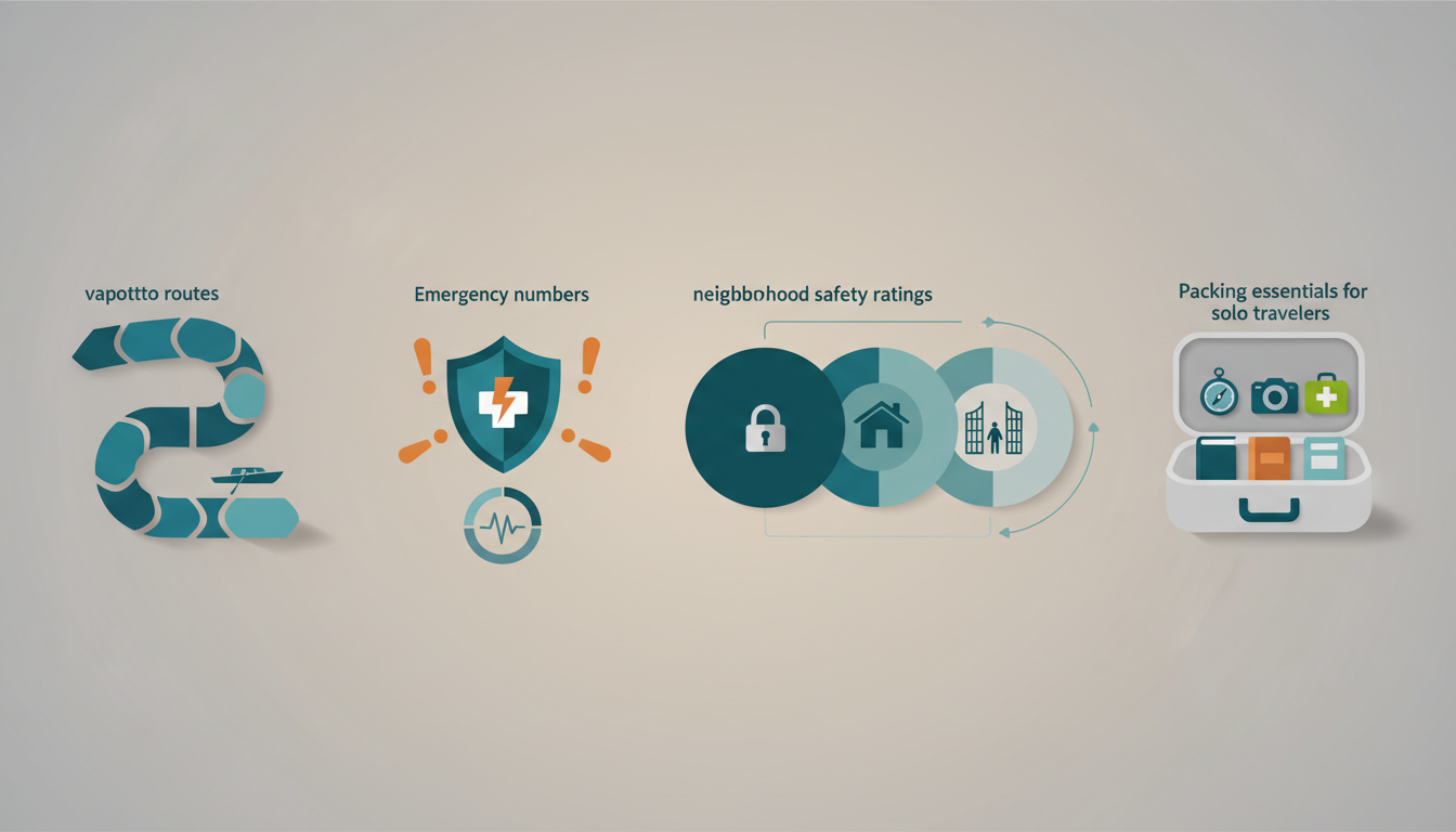 infographic showing Venice solo travel safety tips vaporetto routes, emergency numbers, neighborhood