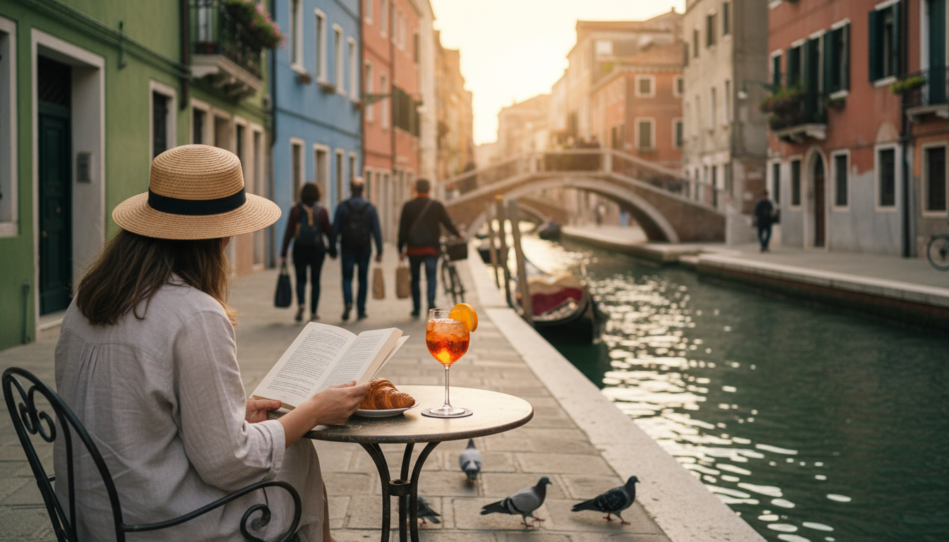 solo traveler sitting at a small canal-side caf table in Venice, reading a book with an Aperol sprit
